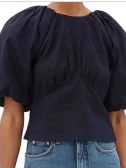 Frame Gathered Seam Top Navy Blue Puff Sleeve Textured Blouse Lwsh2497 Sz S/P